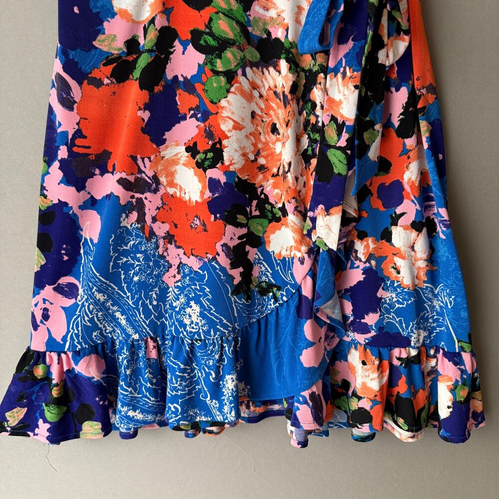 ECI Floral Print Wrap Dress Size S Blue‎ Orange - Picture 3 of 8